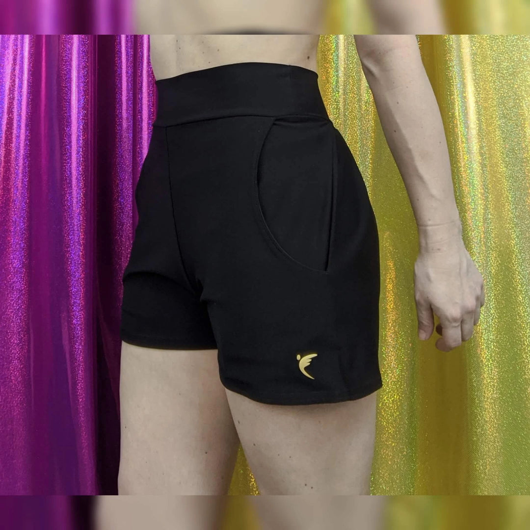 Black shorts with yellow stripe sale